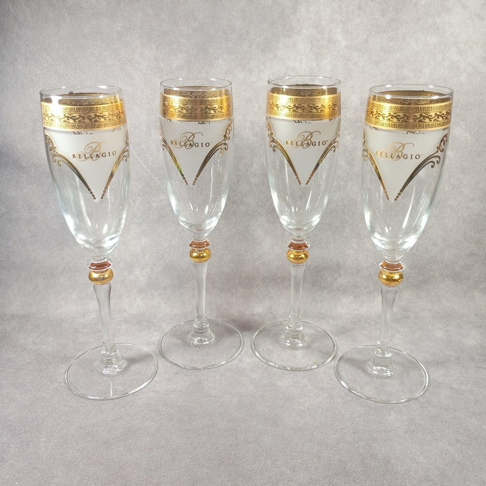 Set of 4 Bellagio Champagne Flutes Gold Band Accents Stemware Vegas Casino Bling